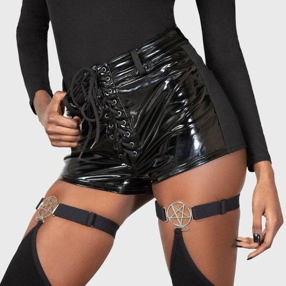 Killstar “Exxanimate” Gothic Lace-Up Panel Shorts–Black Stretch Fit Corset Front - Picture 1 of 6